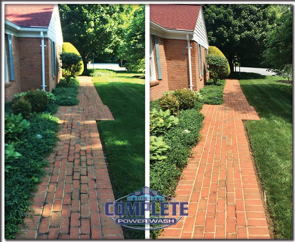 Brick sidewalk before and after pressure washing Complete Power Wash pressure washing company in Hagerstown, MD