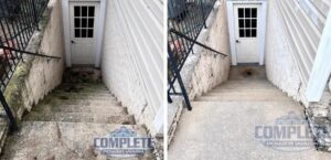 Concrete stairwell before and after pressure washing